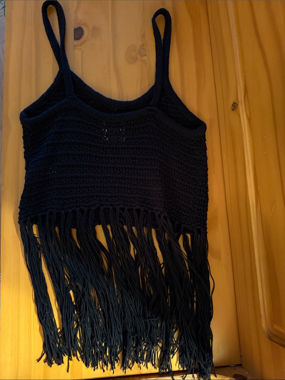 Black Crochet Fringe Crop Top with Spaghetti Straps